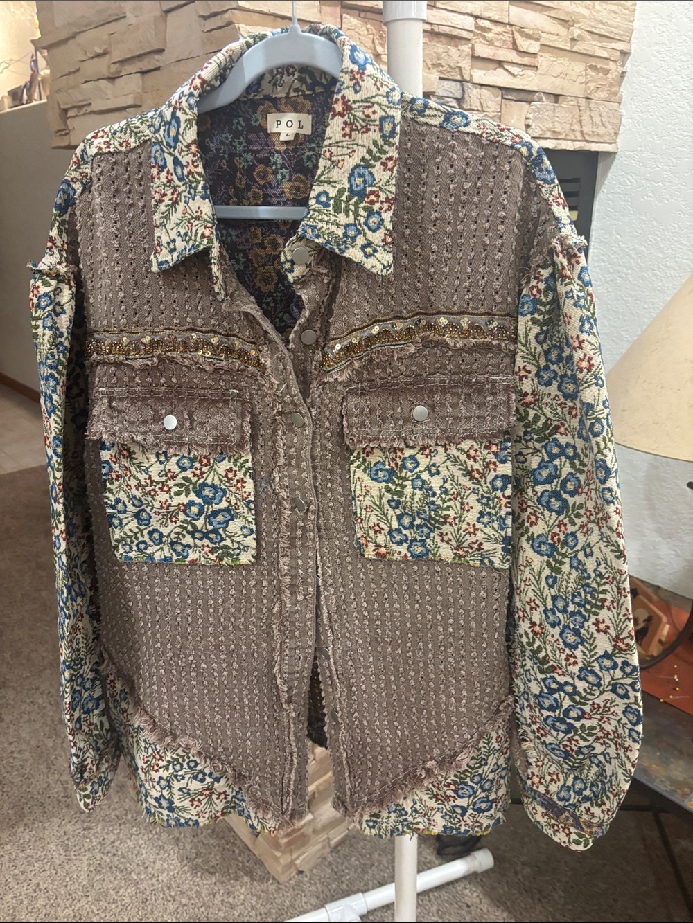 NWOT POL Brown Textured Shacket with Cream Floral Sleeves